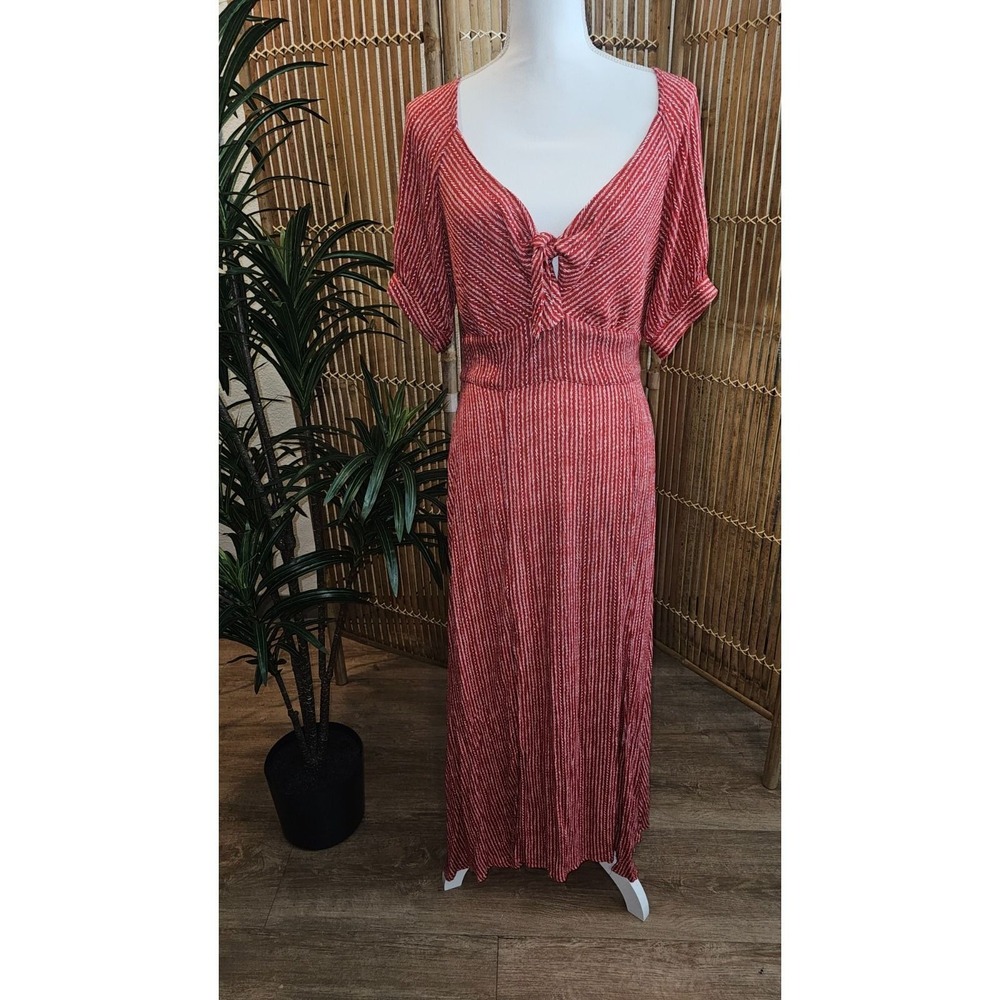 Hayden LA Red White Striped Tie Front Boho Maxi Dress Prairie Women's Small New
